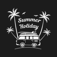 insignia con palmeras, letras de vacaciones de verano y un camión de surf. esbozar ilustración vectorial para estampados de camisetas, carteles y otros usos. vector