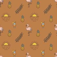 Hand Drawn Vector Seamless Pattern. Waves, Sun, Pineapples, Leaves and Flamingos.