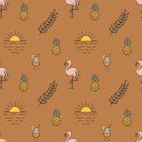 Hand Drawn Vector Seamless Pattern. Waves, Sun, Pineapples, Leaves and Flamingos.