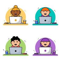 set People Working on Computer with Drink and Book Vector Illustration. Office. Workspace. Flat Cartoon Style Suitable for Web Landing Page, Banner, Flyer, Sticker, Wallpaper, Card, Background