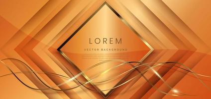 Luxury 3D square shape overlapping diagonal orange background with golden lines curved light spakling. vector