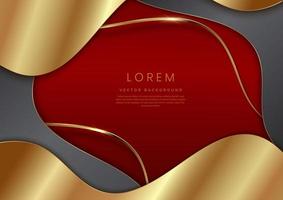 Abstract template elegant 3D golden and grey wave curved overlapping with lighting effect on dark red background with copy space for text. vector