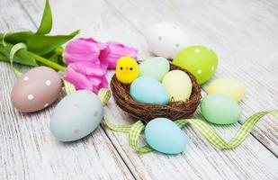 Easter eggs in a nest photo