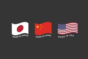 Made in flag label Japan, USA, China. Flat flag banner. Red flag in gray background. Simple made in flag design vector