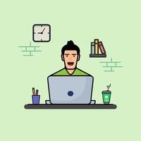 personas que trabajan en la computadora con café, ilustración vectorial. oficina. espacio de trabajo estilo de caricatura plano adecuado para la página de inicio web, pancarta, volante, pegatina, papel tapiz, tarjeta, fondo vector