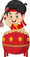 Cartoon little boy playing a chinese drum vector