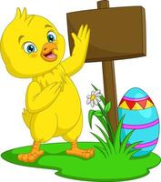 Cartoon little chick with easter eggs and blank plank sign in the grass vector