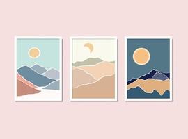 Abstract Landscape Posters. Mountains sun and moon wall art set vector