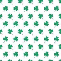 St Patricks Day pattern with shamrocks. Seamless white background and green clover leaves. Saint Patricks holiday party backdrop. Vector flat illustration