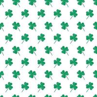 St Patricks Day pattern with shamrocks. Seamless white background and green clover leaves. Saint Patricks holiday party backdrop. Vector flat illustration