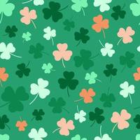 St Patricks Day pattern with colorful shamrocks. Seamless green background and clover leaves. Saint Patricks holiday party backdrop. Vector flat illustration