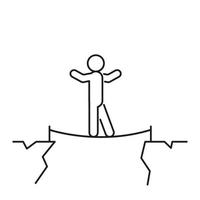 Man is walking tightrope across cliff, balance on rope, line icon. Challenge is walking over abyss, gap. Business concept and risk. Vector illustration