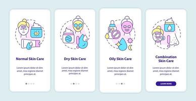 Skin types care onboarding mobile app screen. Beauty tips walkthrough 4 steps graphic instructions pages with linear concepts. UI, UX, GUI template. Myriad Pro-Bold, Regular fonts used vector