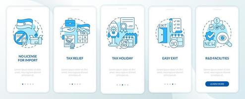 Business benefits in India blue onboarding mobile app screen. Tax holiday walkthrough 5 steps graphic instructions pages with linear concepts. UI, UX, GUI template. Myriad Pro-Bold, Regular fonts used vector