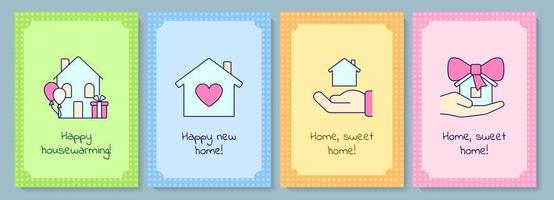 Wishing happy housewarming greeting card with color icon element set. New place to live in. Postcard vector design. Decorative flyer with creative illustration. Notecard with congratulatory message