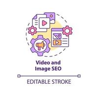 Video and image SEO concept icon. Promotion content. Current digital marketing trend abstract idea thin line illustration. Isolated outline drawing. Editable stroke. Arial, Myriad Pro-Bold fonts used vector