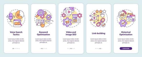 SEO marketing trends onboarding mobile app screen. Optimization walkthrough 5 steps graphic instructions pages with linear concepts. UI, UX, GUI template. Myriad Pro-Bold, Regular fonts used vector