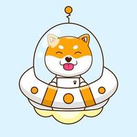 shiba inu dog astronaut ride ufo ship cartoon vector illustration