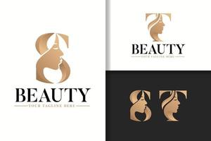 Feminine monogram logo letter S and T with woman silhouette vector