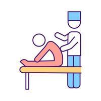 Professional physiotherapy RGB color icon. Exercising with physical practitioner overview. Hospital visit for body procedure. Isolated vector illustration. Simple filled line drawing