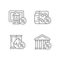 Employee discount scheme linear icons set. Online cinema subscription. Reduced drug cost. Free tickets. Customizable thin line contour symbols. Isolated vector outline illustrations. Editable stroke