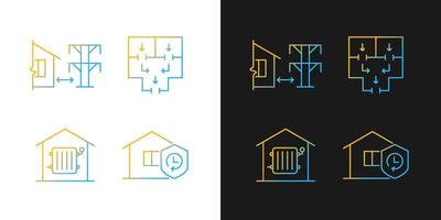 Home building regulation gradient icons set for dark and light mode. Distance from electric lines. Thin line contour symbols bundle. Isolated vector outline illustrations collection on black and white