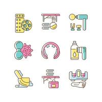 Electric massagers RGB color icons set. Acupressure pad. Massage table and oil. Vibrating devices for neck and back stimulation. Isolated vector illustrations. Simple filled line drawings collection