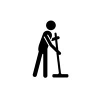 Cleaning with mop black glyph icon. Person with mop cleaning house. Maintain cleanliness in flat. Commonplace household duties. Silhouette symbol on white space. Vector isolated illustration