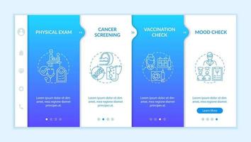 Physical examination components onboarding vector template. Responsive mobile website with icons. Web page walkthrough 4 step screens. Healthcare color concept with linear illustrations