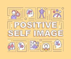 Positive self image word concepts banner. Optimistic personal view. Infographics with linear icons on yellow background. Isolated creative typography. Vector outline color illustration with text