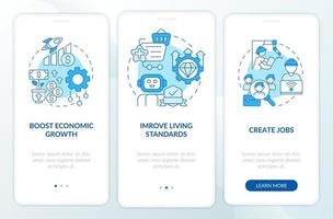 Positive automation impact on society blue onboarding mobile app screen. Walkthrough 3 steps graphic instructions pages with linear concepts. UI, UX, GUI template. Myriad Pro-Bold, Regular fonts used vector