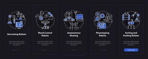 Agricultural innovations night mode onboarding mobile app screen. Walkthrough 5 steps graphic instructions pages with linear concepts. UI, UX, GUI template. Myriad Pro-Bold, Regular fonts used vector