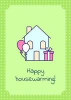 Happy housewarming greeting card with color icon element set. Congrats on moving. Postcard vector design. Decorative flyer with creative illustration. Notecard with congratulatory message on green