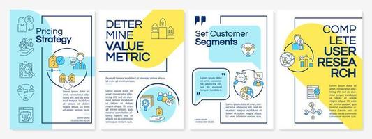 Pricing strategy steps blue and yellow brochure template. Booklet print design with linear icons. Vector layouts for presentation, annual reports, ads. Questrial, Lato-Regular fonts used