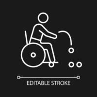 Boccia white linear icon for dark theme. Precision ball throwing sport. Sportsman with disability. Thin line customizable illustration. Isolated vector contour symbol for night mode. Editable stroke