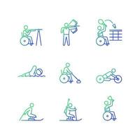 Athletes with disabilities gradient linear vector icons set. Adaptive sport games. People with disability. Thin line contour symbols bundle. Isolated outline illustrations collection