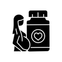 Supplements for pregnant women black glyph icon. Pregnancy complementary medicines. Reducing risk of problems in baby development. Silhouette symbol on white space. Vector isolated illustration