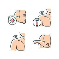 Shoulder and elbow pain RGB color icons set. Autoimmune condition. Rheumatism blood test. Inflammatory process. Septic arthritis. Isolated vector illustrations. Simple filled line drawings collection