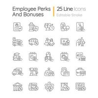 Employee perks and bonuses linear icons set. Workplace benefits. Enhancing worker experience. Customizable thin line contour symbols. Isolated vector outline illustrations. Editable stroke