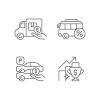 Corporate perks at work linear icons set. Relocation assistance. Employee transportation. Parking spot. Customizable thin line contour symbols. Isolated vector outline illustrations. Editable stroke