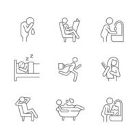 Daily living linear icons set. Commonplace day-to-day human life. Spending leisure time. Customizable thin line contour symbols. Isolated vector outline illustrations. Editable stroke