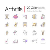 Arthritis RGB color icons set. Joints and bones disease. Knee and elbow pain. Trauma and obesity consequences. Isolated vector illustrations. Simple filled line drawings collection. Editable stroke