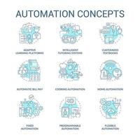 conjunto de iconos de concepto azul de automatización. los dispositivos automatizados domésticos e industriales idean ilustraciones en color de línea delgada. dibujos de contorno aislados. trazo editable. roboto-medium, innumerables fuentes pro-bold utilizadas vector