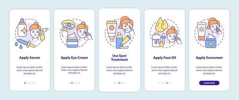 Skincare routine tips onboarding mobile app screen. Healthy skin walkthrough 5 steps graphic instructions pages with linear concepts. UI, UX, GUI template. Myriad Pro-Bold, Regular fonts used vector