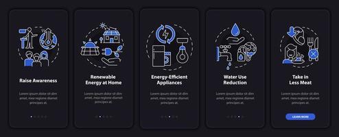 Preventing climate changes night mode onboarding mobile app screen. Walkthrough 5 steps graphic instructions pages with linear concepts. UI, UX, GUI template. Myriad Pro-Bold, Regular fonts used vector