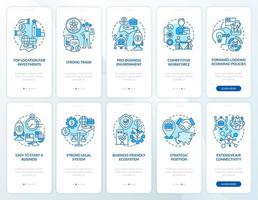 Business-friendly Asia blue onboarding mobile app screen set. Trading walkthrough 5 steps graphic instructions pages with linear concepts. UI, UX, GUI template. Myriad Pro-Bold, Regular fonts used vector