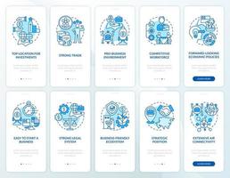 Business-friendly Asia blue onboarding mobile app screen set. Trading walkthrough 5 steps graphic instructions pages with linear concepts. UI, UX, GUI template. Myriad Pro-Bold, Regular fonts used vector