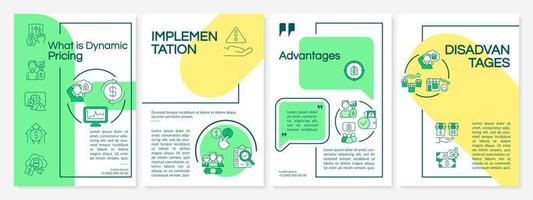 Dynamic pricing green and yellow brochure template. Implementation. Booklet print design with linear icons. Vector layouts for presentation, annual reports, ads. Questrial, Lato-Regular fonts used