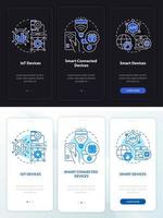 Smart tech products night and day mode onboarding mobile app screen. Walkthrough 3 steps graphic instructions pages with linear concepts. UI, UX, GUI template. Myriad Pro-Bold, Regular fonts used vector