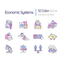 Economic system RGB color icons set. Goods production and distribution. Isolated vector illustrations. Simple filled line drawings collection. Editable stroke. Quicksand-Light font used